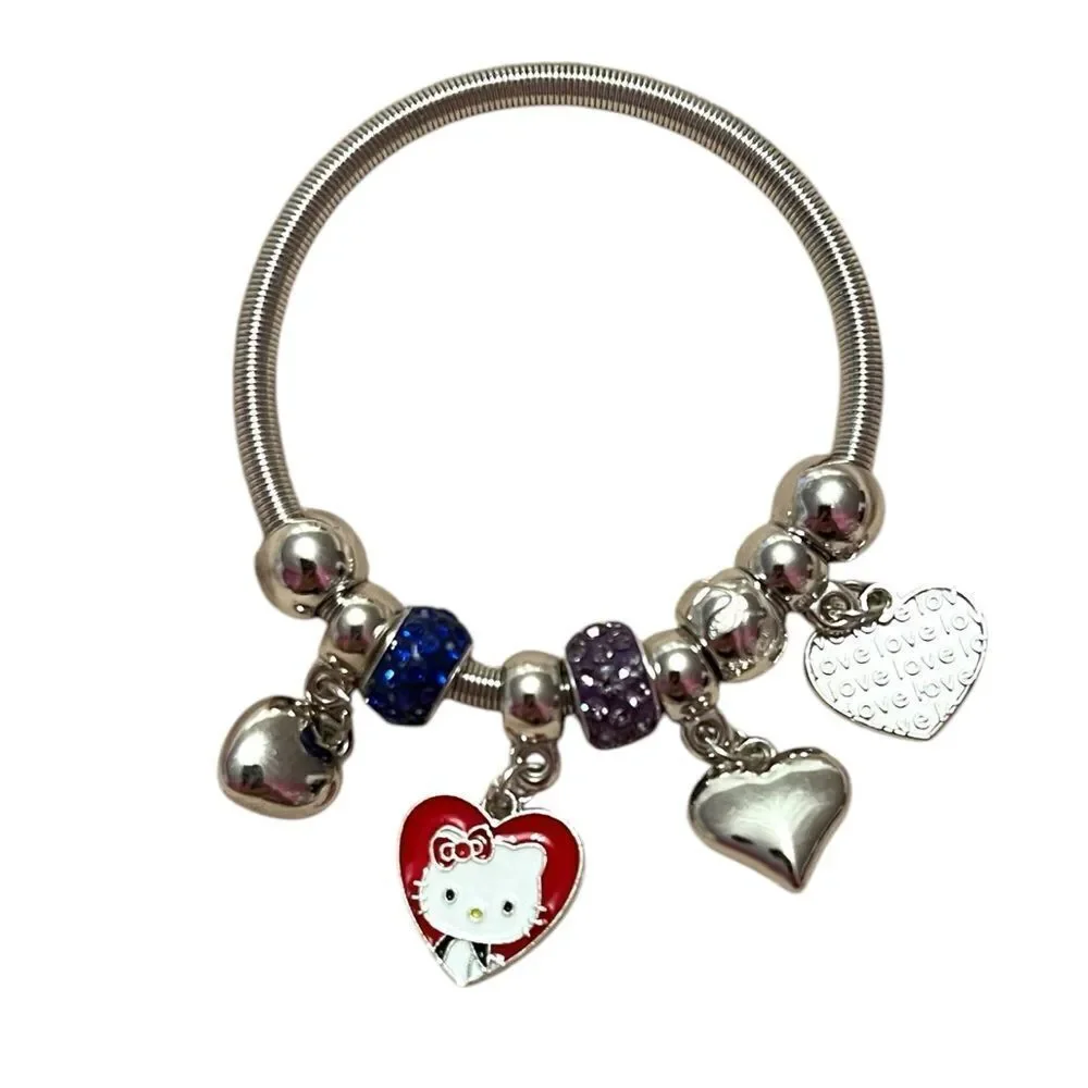 Hello Kitty Hearts Blue And Purple Rhinestone Silver Tone Kids’ Charm Br…